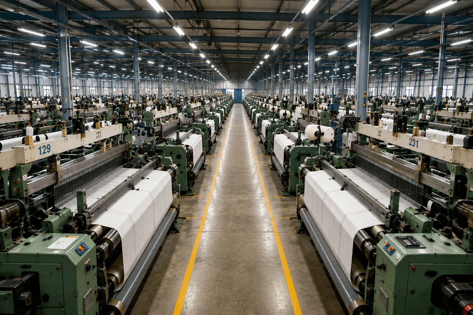Rows of machines running on a textile production floor with nobody monitoring output