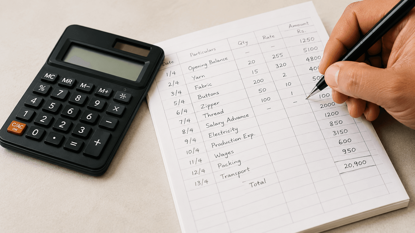 A hand working through a printed salary sheet with a desk calculator